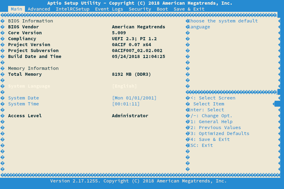 AMI BIOS setup utility showing system information for the Mellanox SN2010